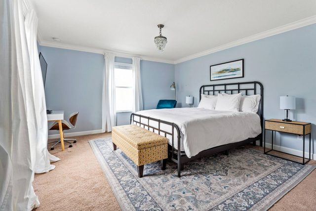 Pixel & Pixie Retreat, Upstairs master bedroom with king size bed, large smart tv and private ensuite bathroom