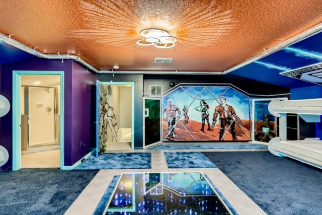 The Marvel Mansion, Guardians of The Galaxy Starship Room with six twin bunk beds and private bathroom, with large smart tv and gaming console