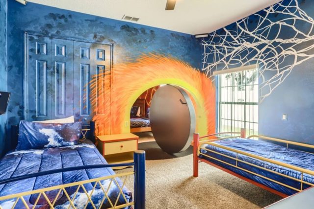 The Marvel Mansion, Spiderman room with two win beds and magic portal to Doctor Strange room 2