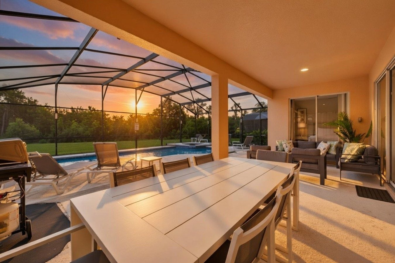 Una zona de comedor exterior junto a la piscina de una villa, preparada para un grupo