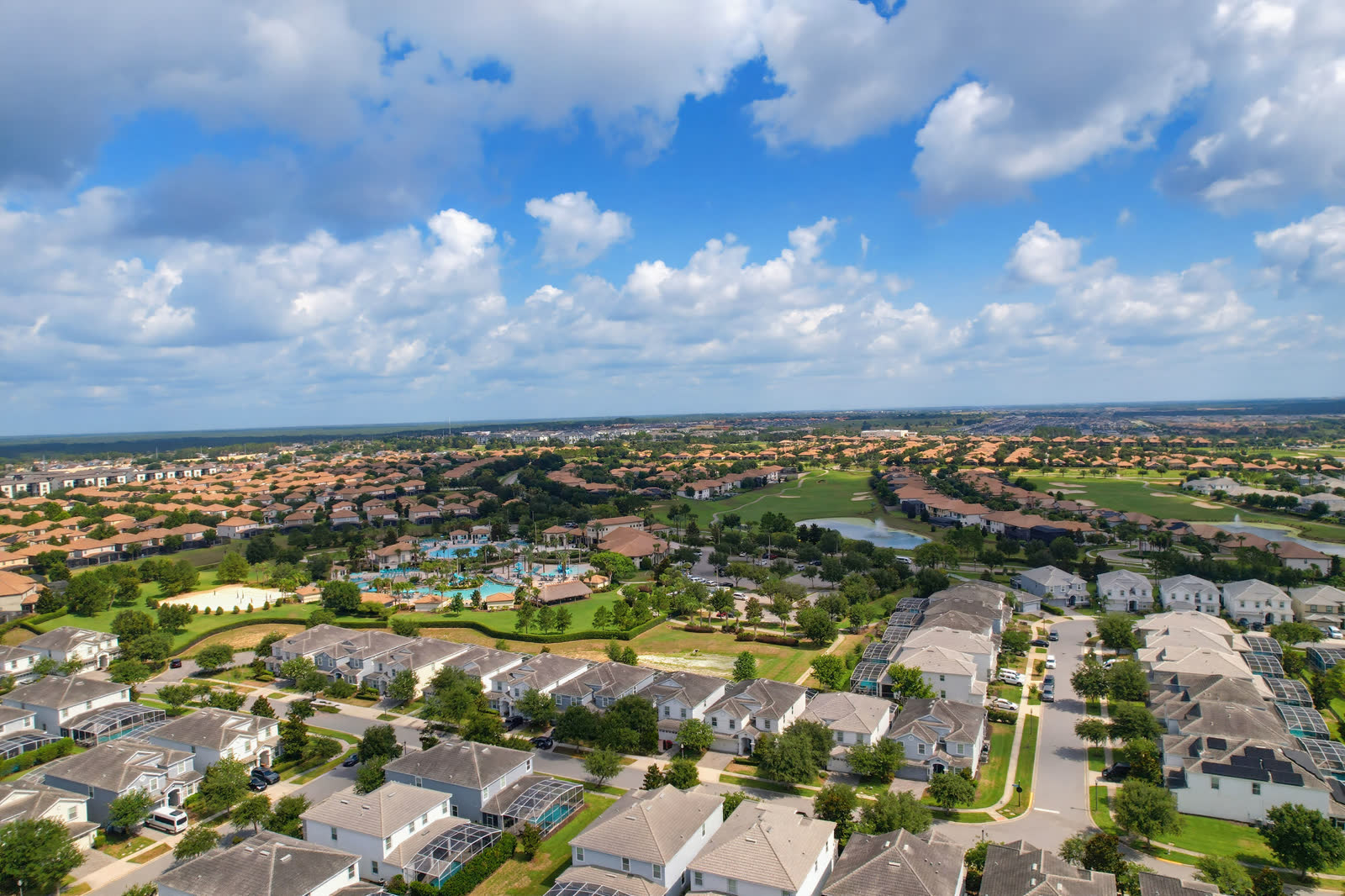 Aerial view across the resort corridor toward the Orlando attractions