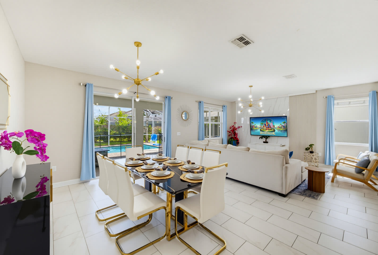 A bright, tidy open-plan living and dining room in a Storybook villa