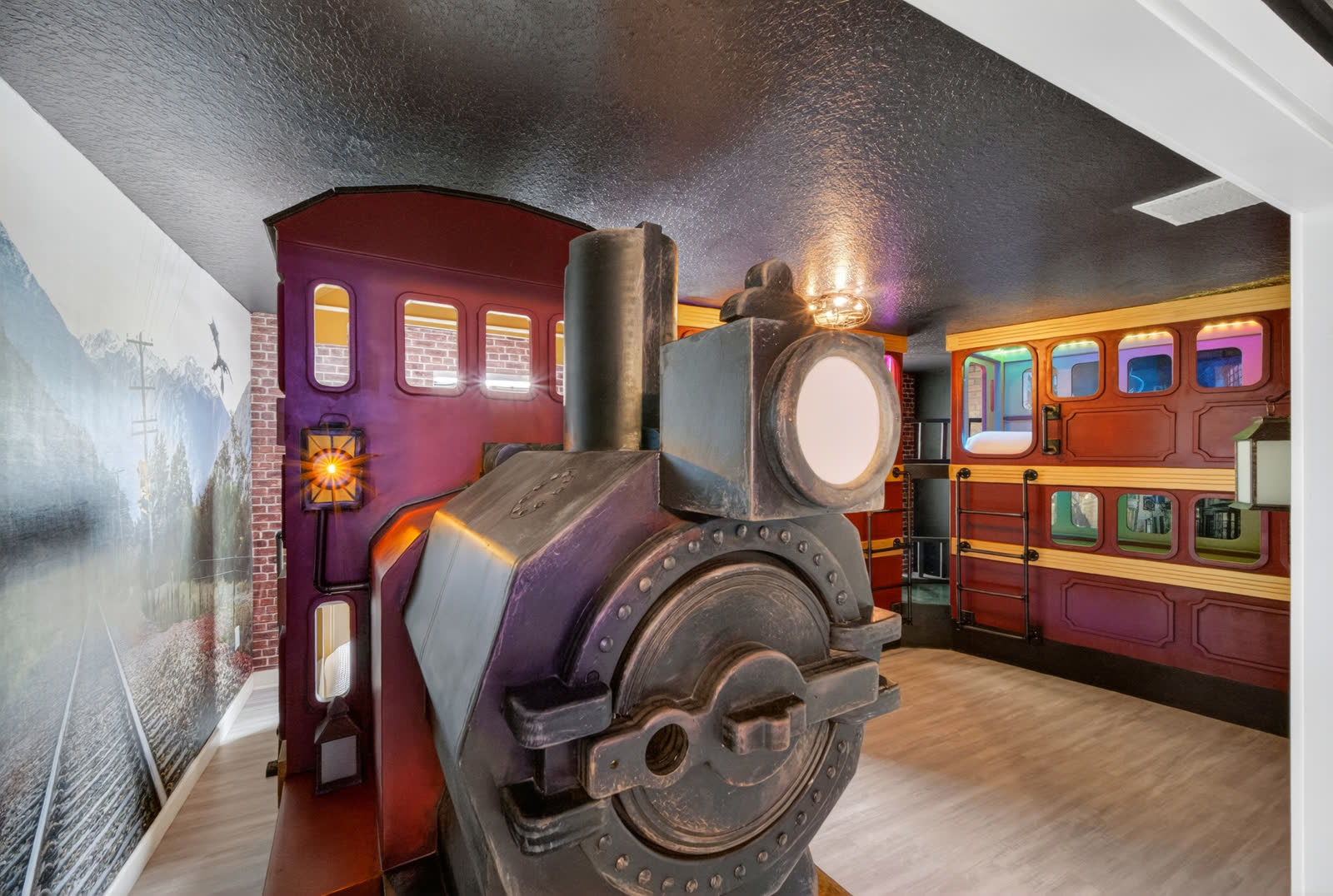 A highly themed Storybook bedroom built around a full-size train engine